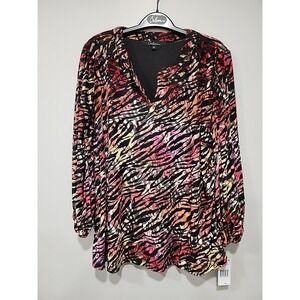 Calessa NWT Blouse Tunic Womens XL‎ Zebra Print Multicolor Long Sleeve V Neck